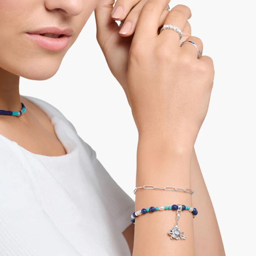 Charm Pendant Fish with Blue Stones Silver