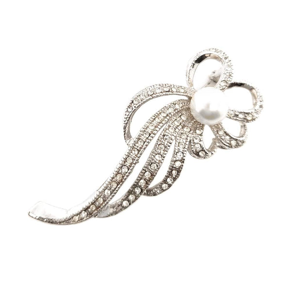 Faux Pearl Crystal Ribbon Brooch