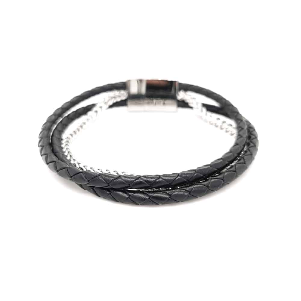 Black Multi-stranded Leather with Steel Chain Bracelet