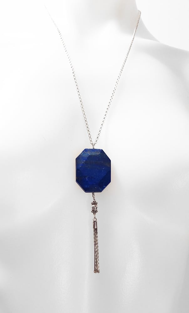 Faced Lapis Lazuli Stone Tassel Necklace