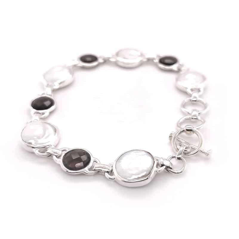 Smoky Quartz and Coin Fresh Water Pearl Silver Bracelet