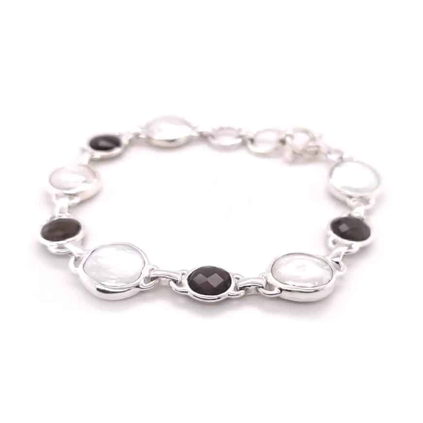 Smoky Quartz and Coin Fresh Water Pearl Silver Bracelet