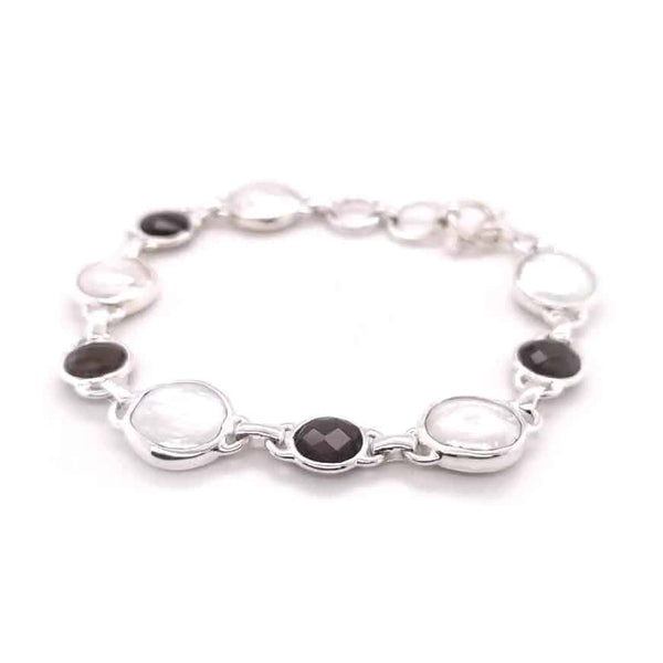 Smoky Quartz and Coin Fresh Water Pearl Silver Bracelet