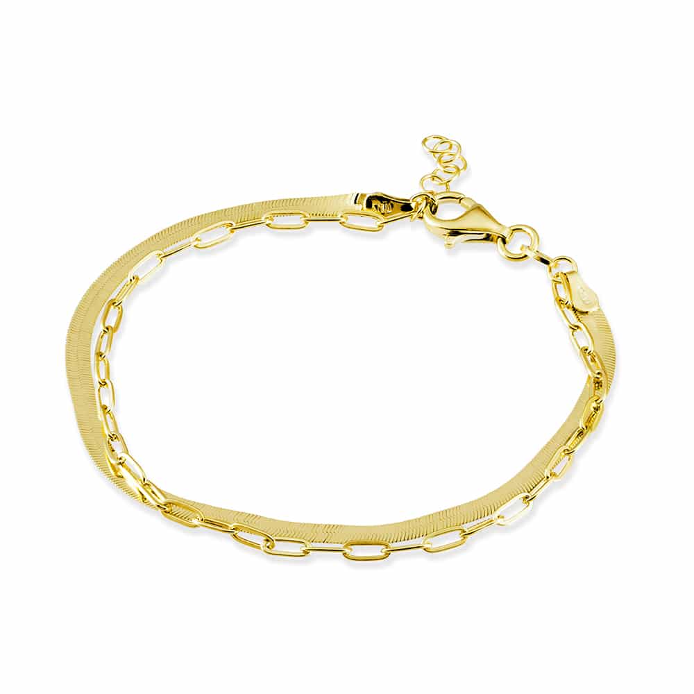 Paper Clip and Herringbone Chain Silver Bracelet Gold
