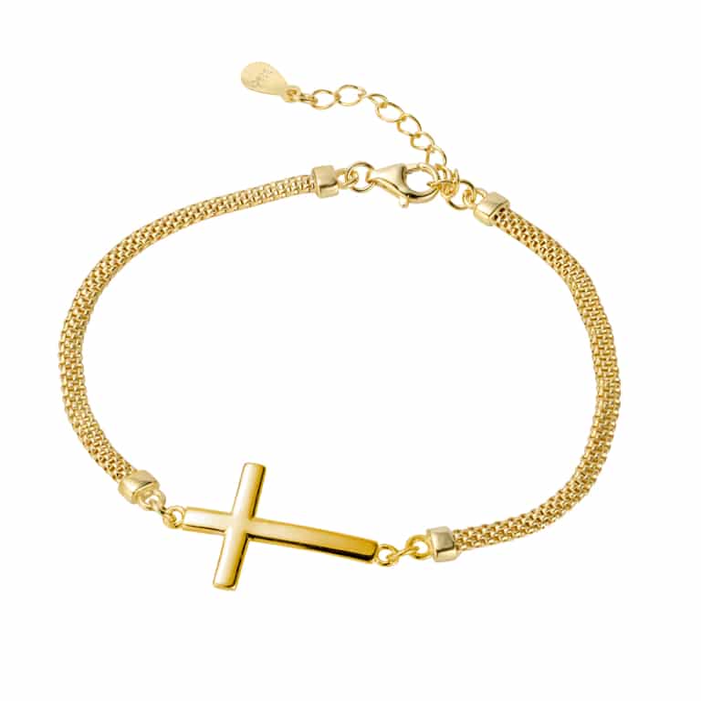 Sterling Silver Mesh Chain Laid Cross Bracelet Gold