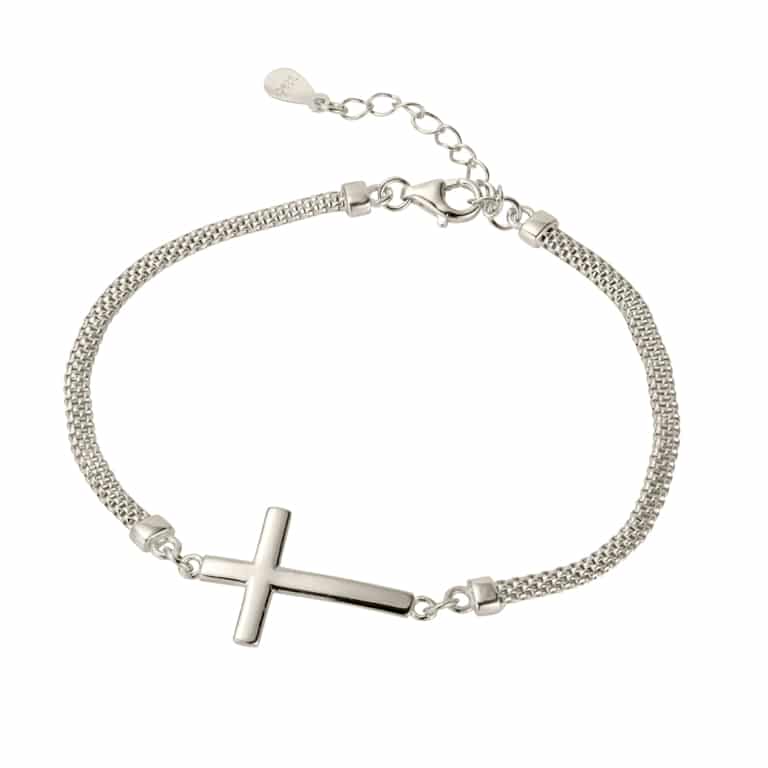 Sterling Silver Mesh Chain Laid Cross Bracelet