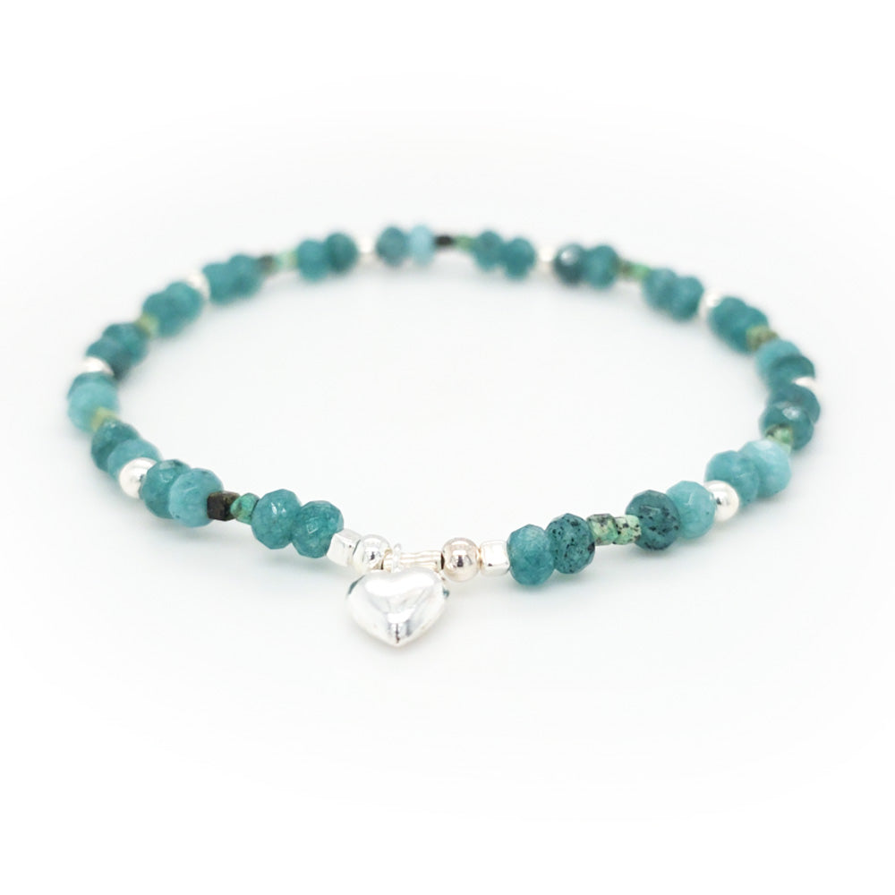 Tourmaline and Silver Beads Heart Charm Bracelet