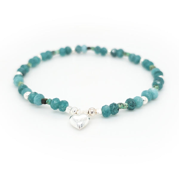 Tourmaline and Silver Beads Heart Charm Bracelet