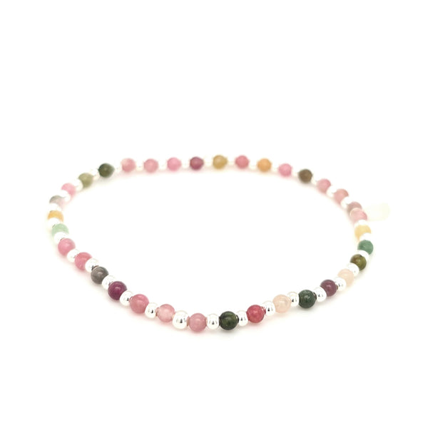 Tourmaline and Silver Beads Elastic Bracelet