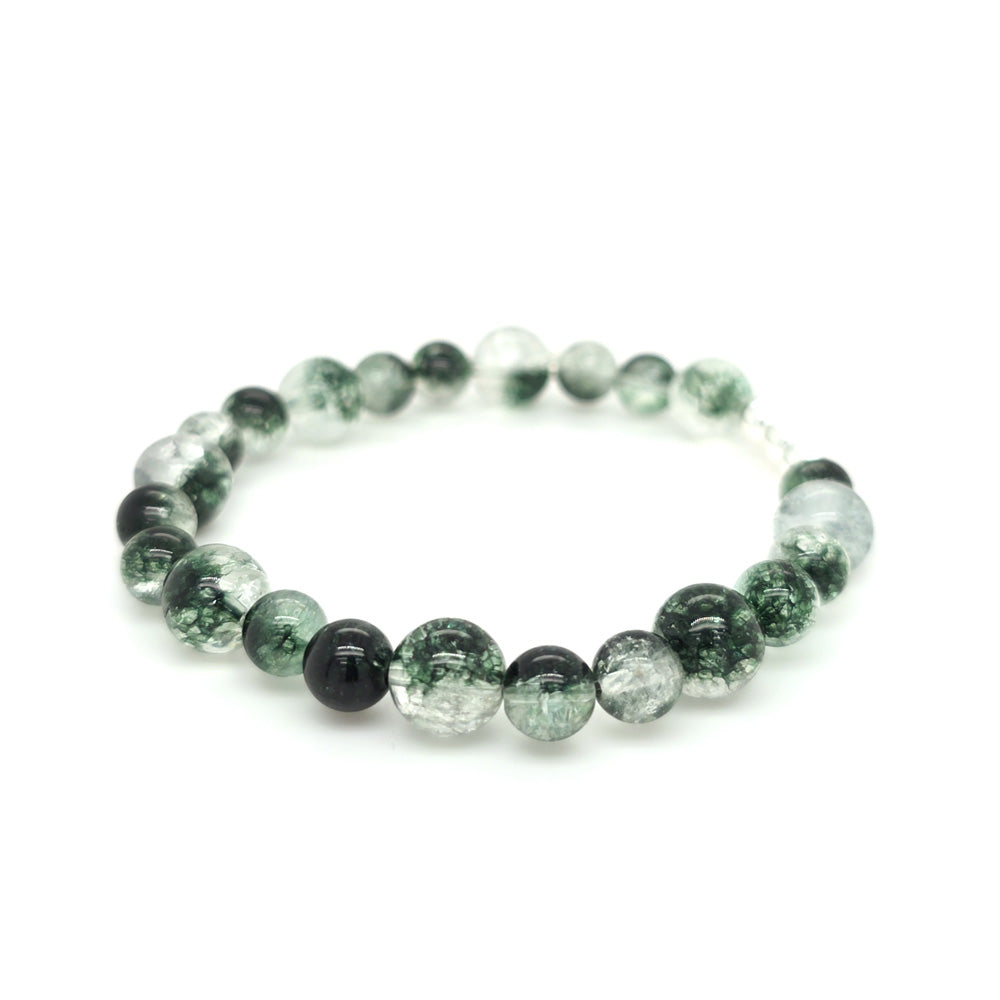 Green Coloured Cracked Quartz and Silver Beads Elastic Bracelet