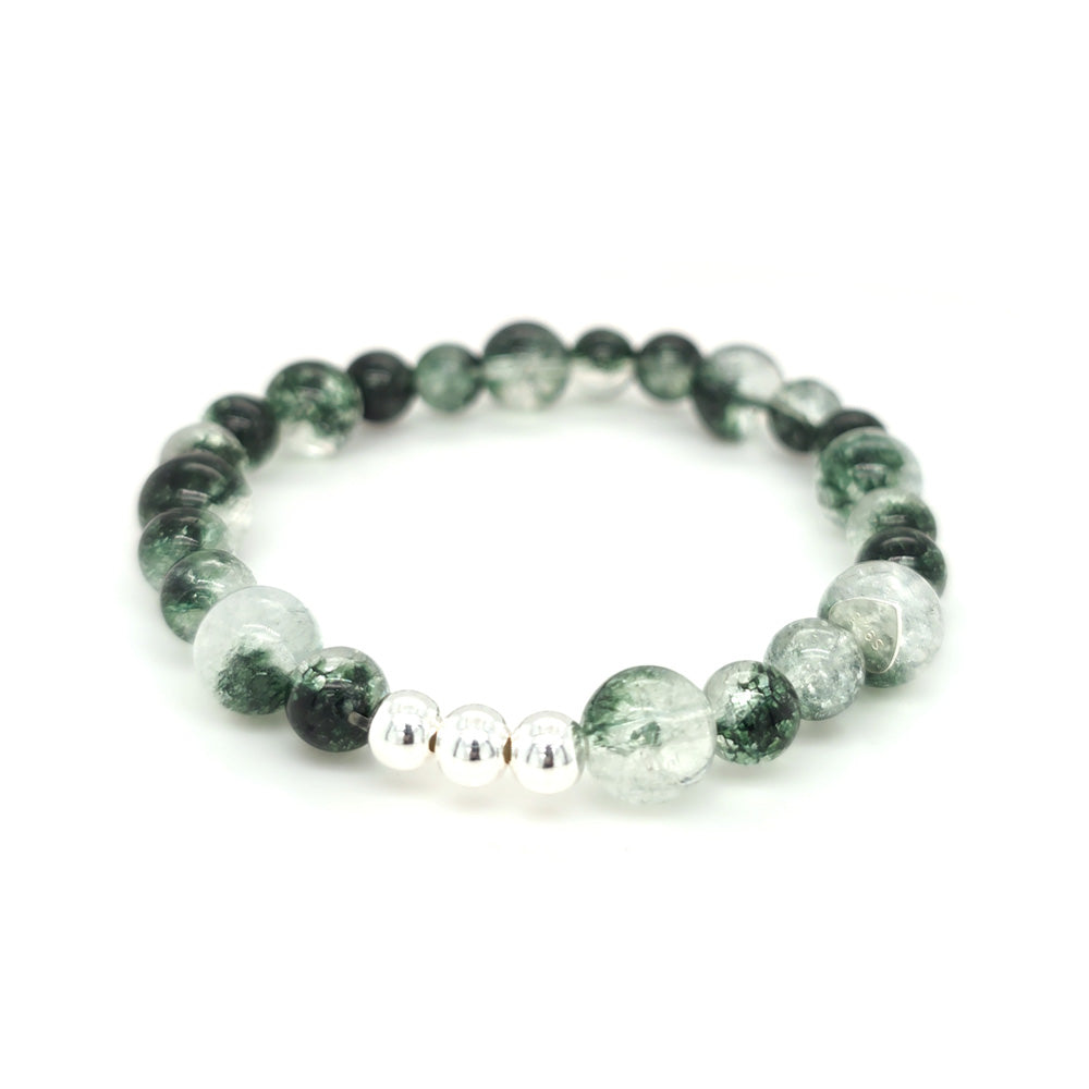 Green Coloured Cracked Quartz and Silver Beads Elastic Bracelet
