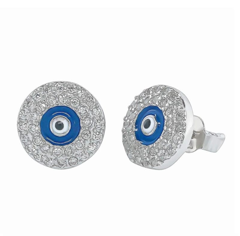 Rhodium plated 10 mm Evil Eye Silver Stud Earrings