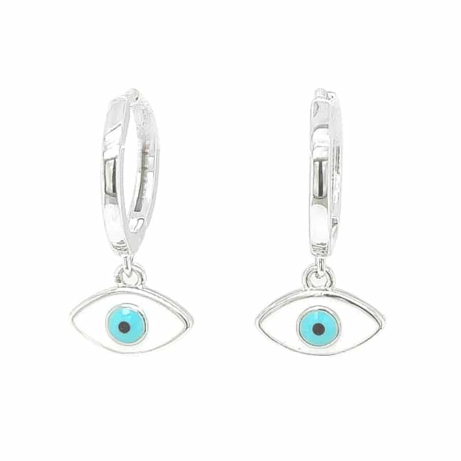 Almond Evil Eye Pendant Silver Hoops Earrings