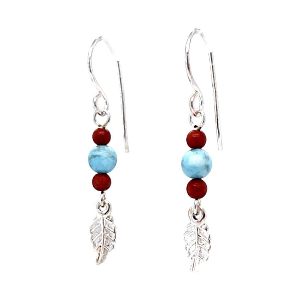 Turquoise and Coral Beads Leaf Earrings