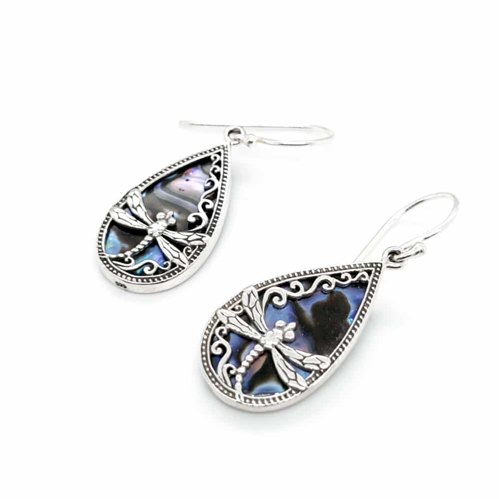 Paua Shell Dragonfly Silver Earrings