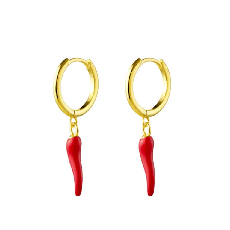Gold Plated Silver Red Cornicello Huggie Earrings