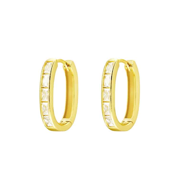 Gold Plated Sterling Silver Oval Shaped Hoop Earrings with CZ
