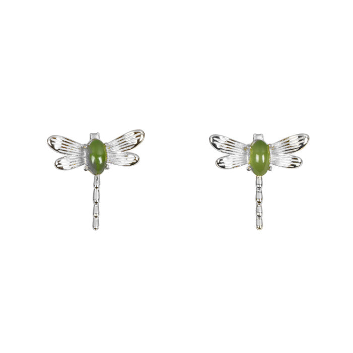 Jade Dragonfly Stud Earrings in Silver