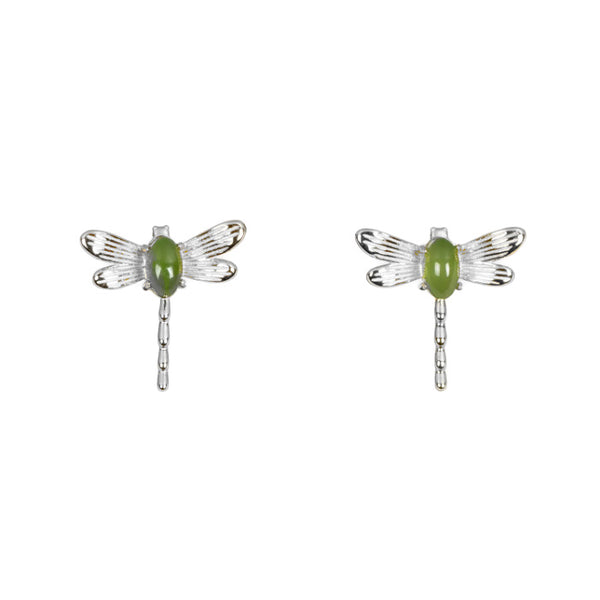 Jade Dragonfly Stud Earrings in Silver