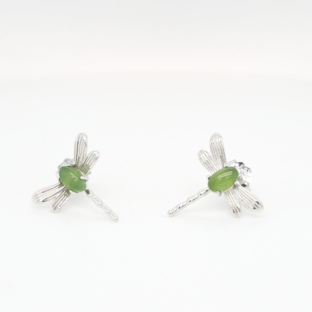 Jade Dragonfly Stud Earrings in Silver