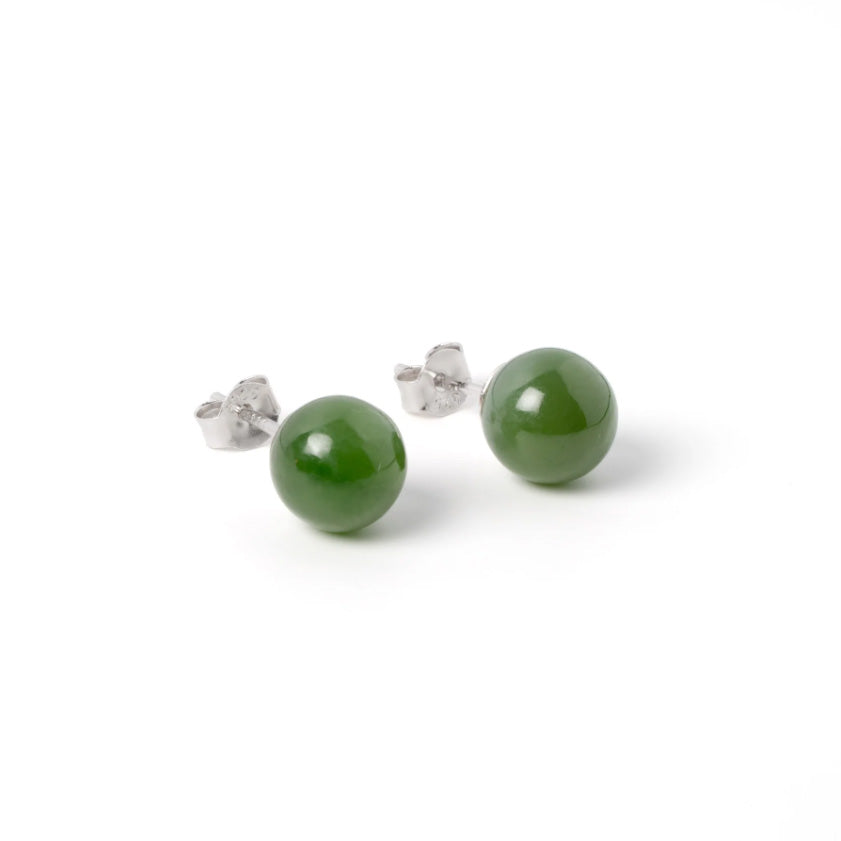 Green Jade Bead Stud Earrings in Sterling Silver