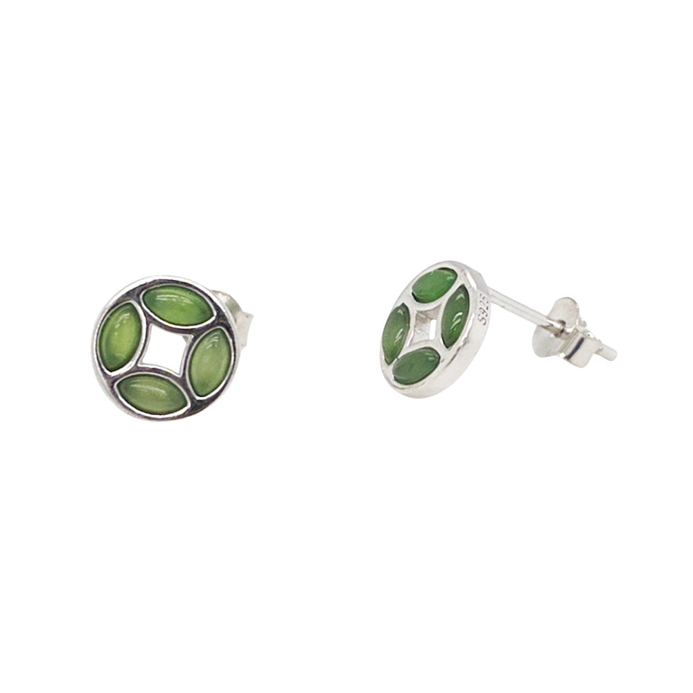 Fortune Coin Green Jade Stud Earrings in Sterling Silver
