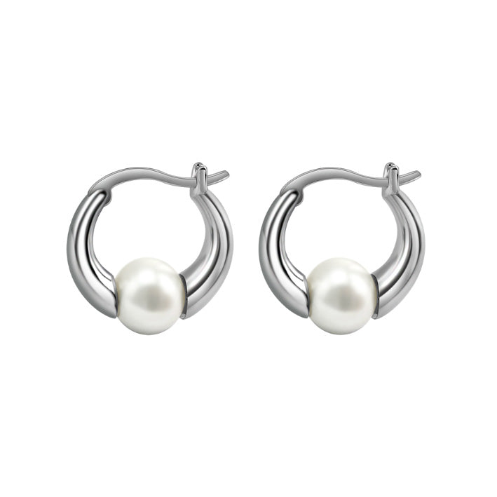 Round FW Pearl Sterling Silver Huggie Earrings