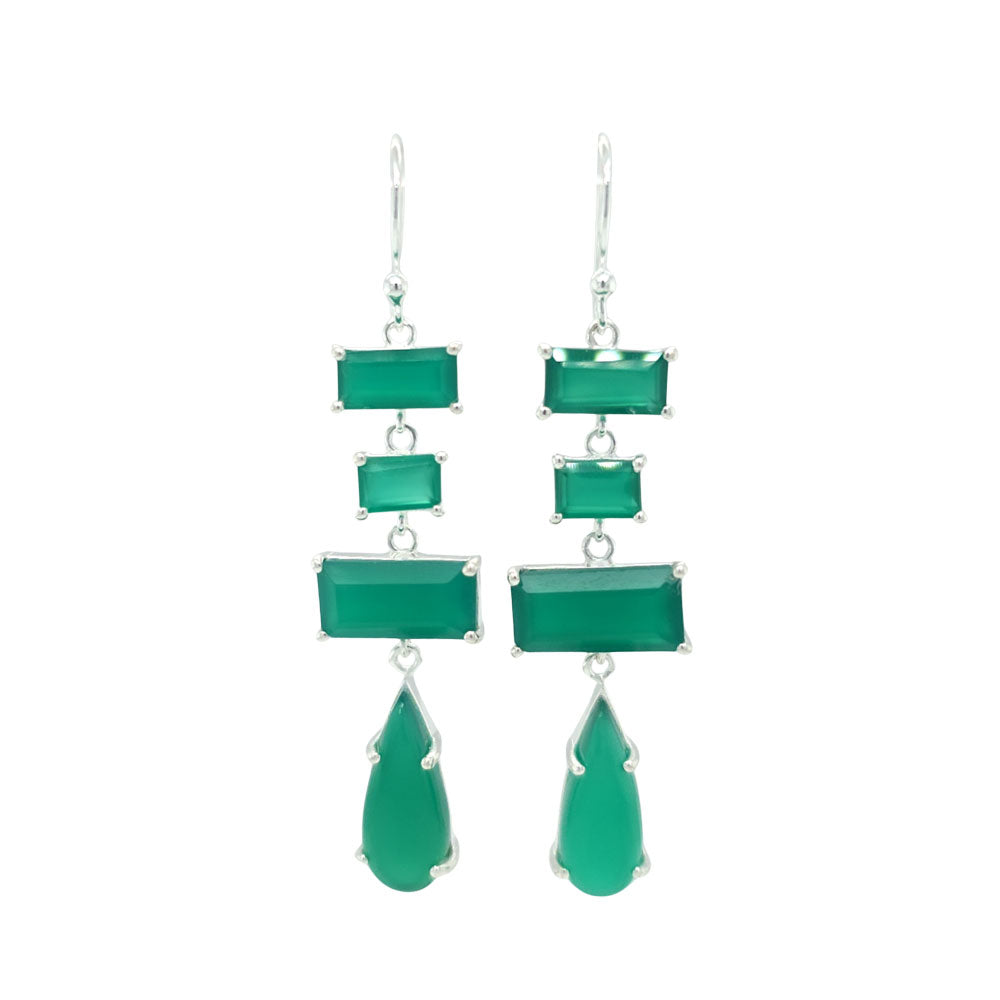 Green Onyx Long Drop Silver Earrings