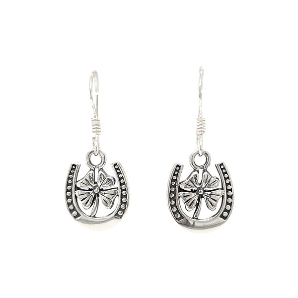 Lucky Four-Leaf Clover in a Horseshoe Sterling Silver Dangle Earrings
