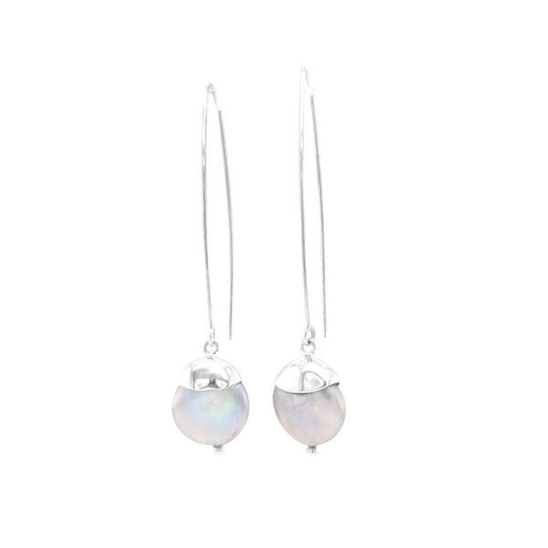 Fresh Water Silver Coin Pearl Long Hook Earrings