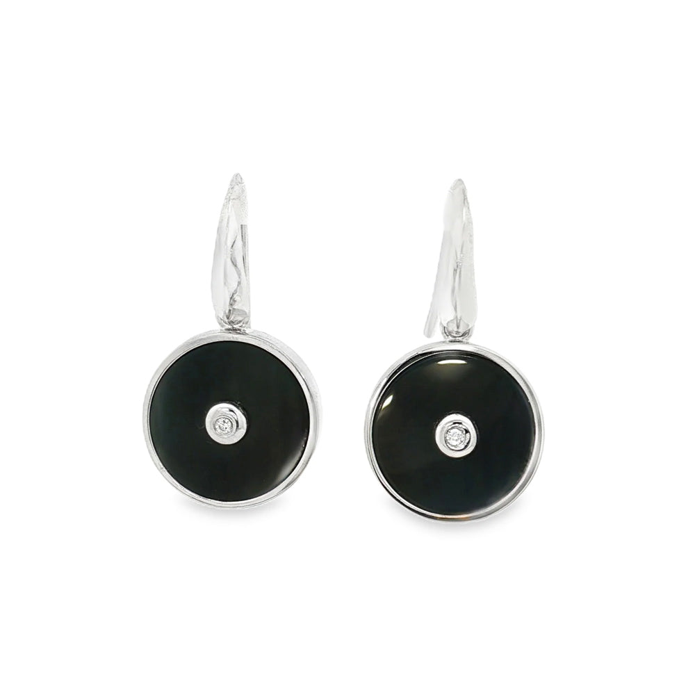Round Black Onyx and Diamond Silver Earrings