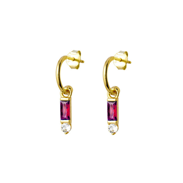 Semi Hoops with Red CZ Pendant Yellow Gold Plated Silver Earrings