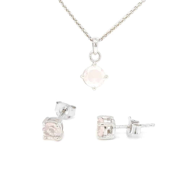 Round Rose Quartz Silver Necklace and Studs Set
