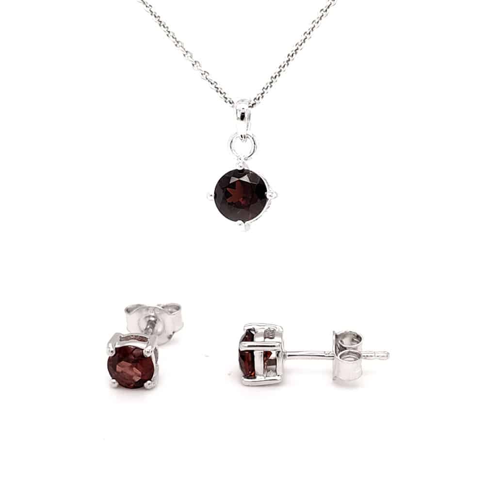Round Garnet Silver Necklace and Studs Set