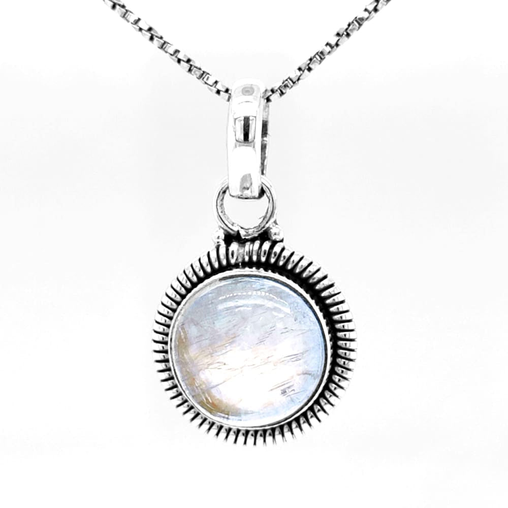 Round Rainbow Moonstone Pendant in Silver