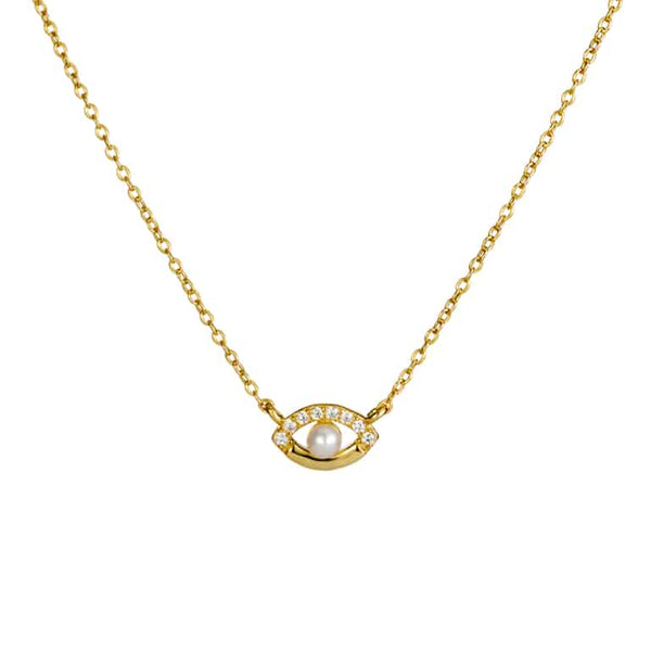 Gold Plated Sterling Silver CZ and Pearl Evil Eye Necklace