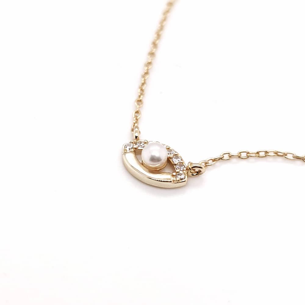 Gold Plated Sterling Silver CZ and Pearl Evil Eye Necklace