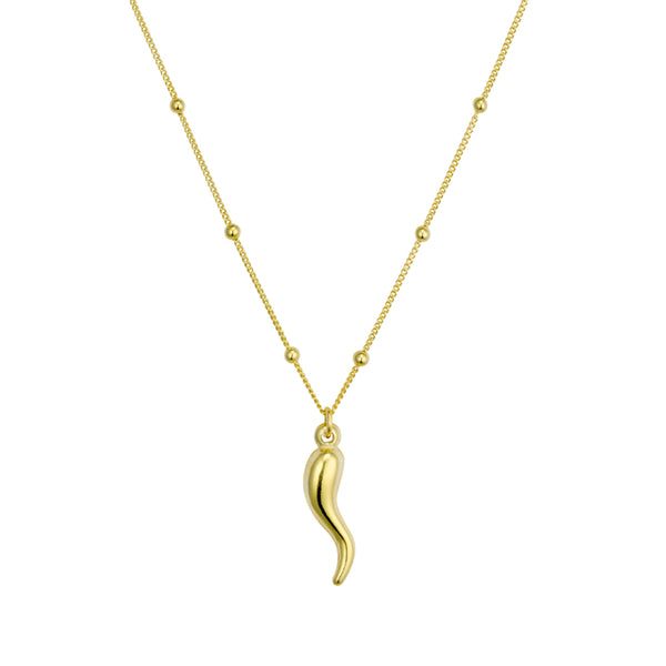 14K Gold Plated Sterling Silver Curb Satellite Chain with Cornicello Pendant
