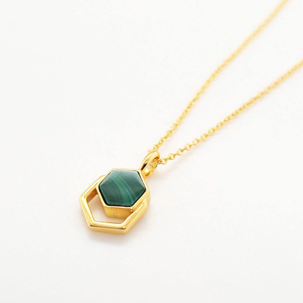 18K Gold Plated Sterling Silver Malachite Hexagon Necklace