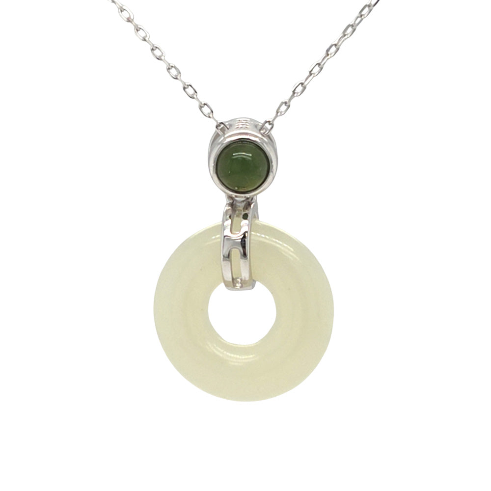 White Jade Doughnut Pendant with Green Jade Bail in Silver