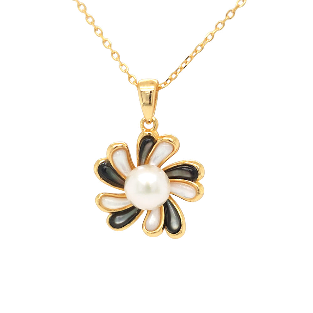 18K Gold Plated Sterling Silver Flower Pearl Necklace