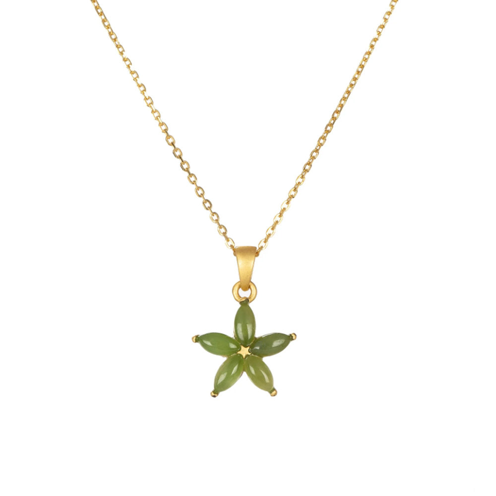 Flower Nephrite Jade Necklace set in 925 Sterling Silver