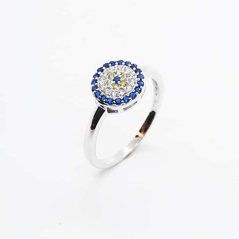 Rhodium Plated Sterling Silver CZ Evil Eye Ring