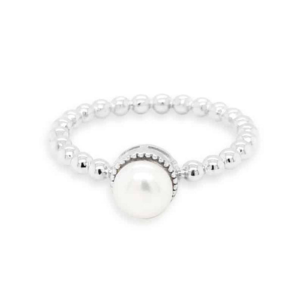 Natural fresh water white pearl sets in rhodium plated 925 sterling silver ring. 6 mm diameter fresh water pearl.