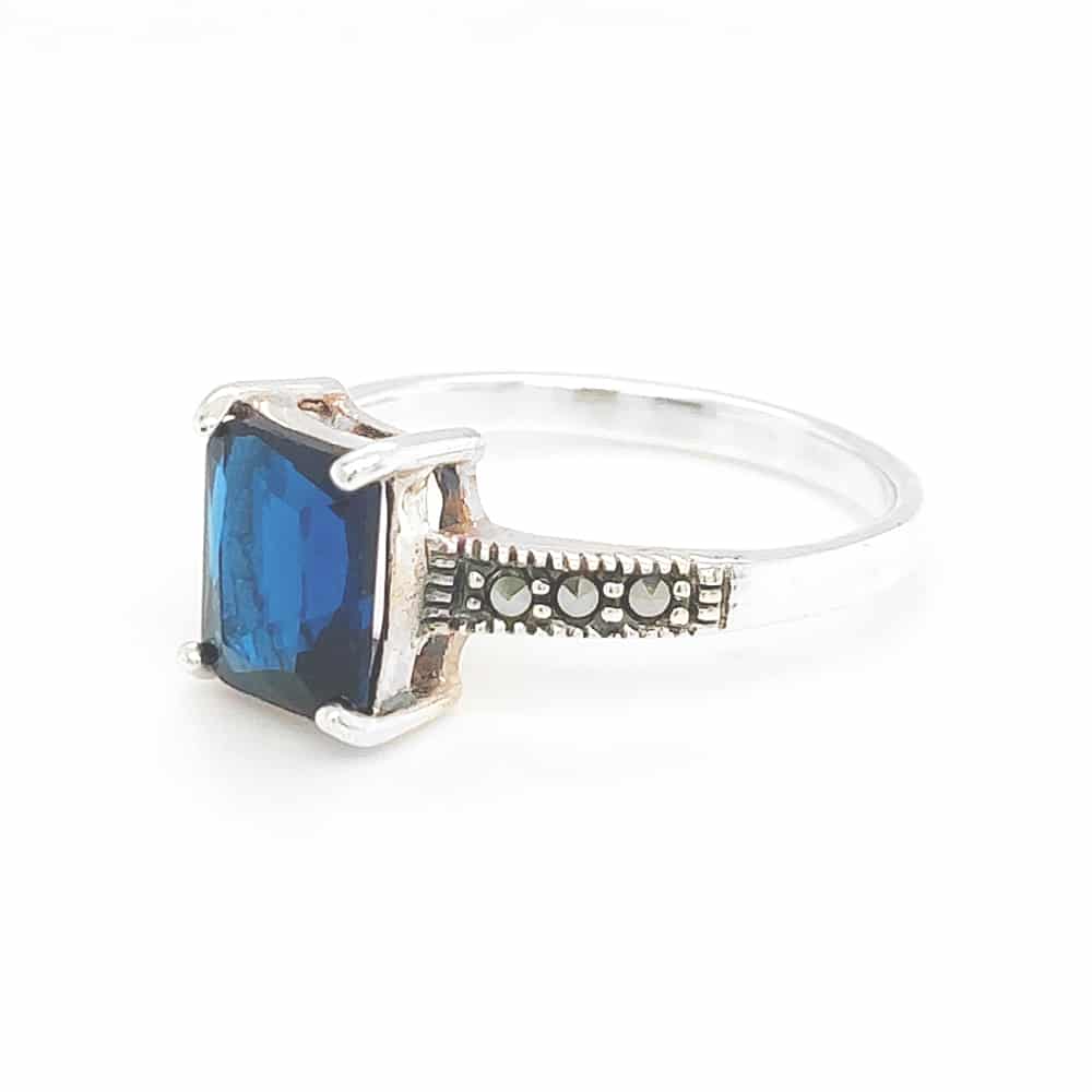 Sapphire Blue CZ Marcasite Silver Ring