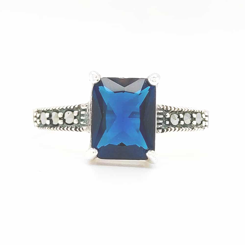 Sapphire Blue CZ Marcasite Silver Ring
