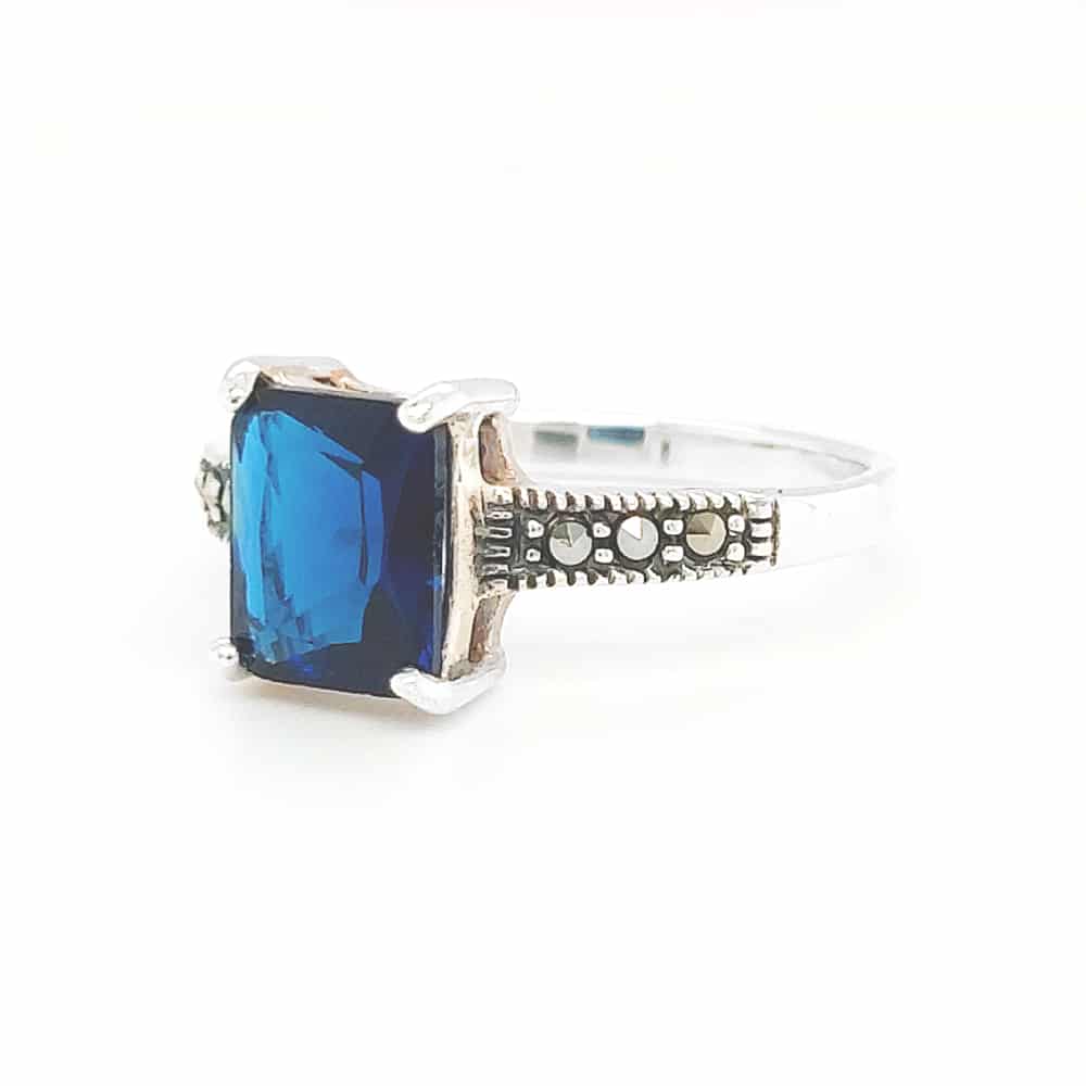 Sapphire Blue CZ Marcasite Silver Ring