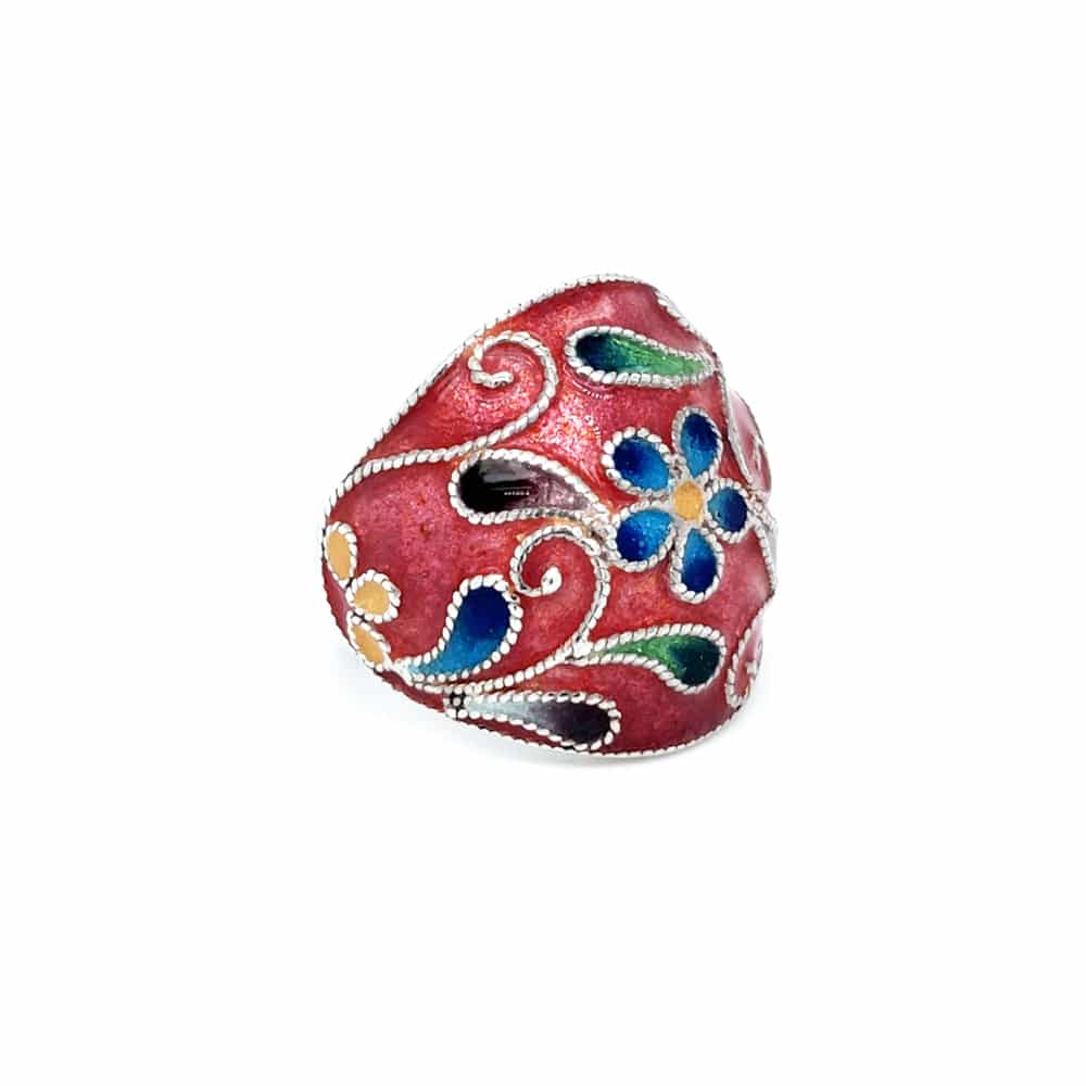 Hand Crafted Enamel Dome Silver Ring Red