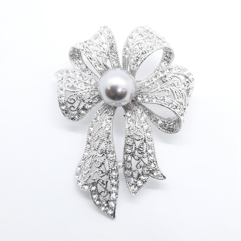Lace Bow with Silver Faux Pearl Brooch
