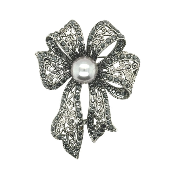 Lace Bow with Silver Faux Pearl Brooch Black